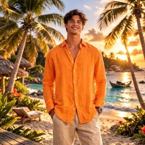 JOIN Clothes Orange Linen Blend Lightweight Long Sleeve Button Down Shirt Sz 2XL